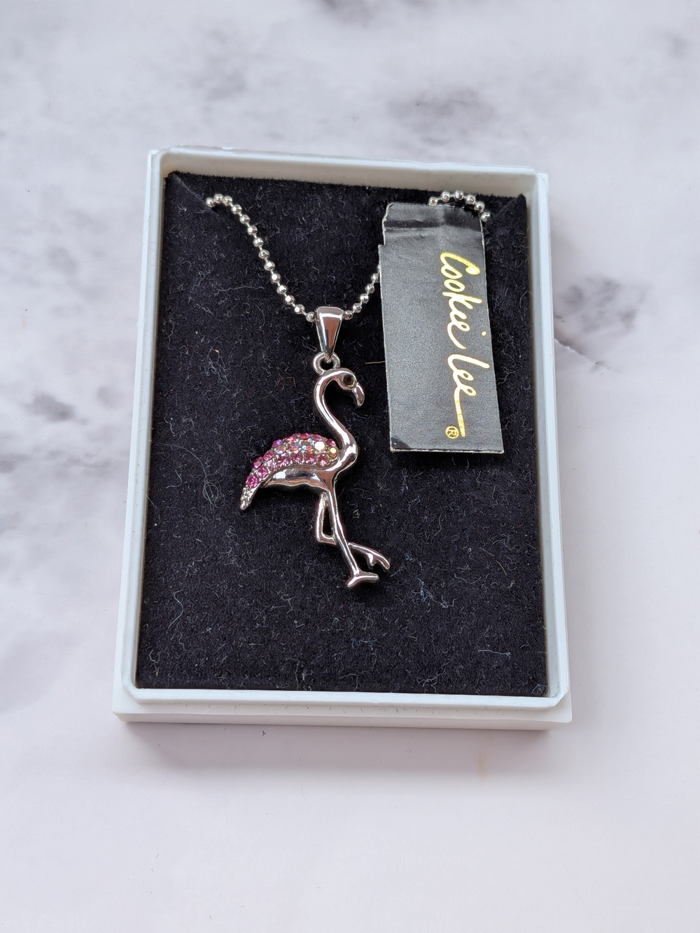 Cookie Lee NWT Pink Crystal Flamingo Pendant Necklace Silver Tone Tropical
